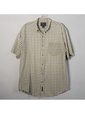 Men's U.S. Expedition Tan/Blue Plaid Button-Down, Short-Sleeved Shirt, Size Lg